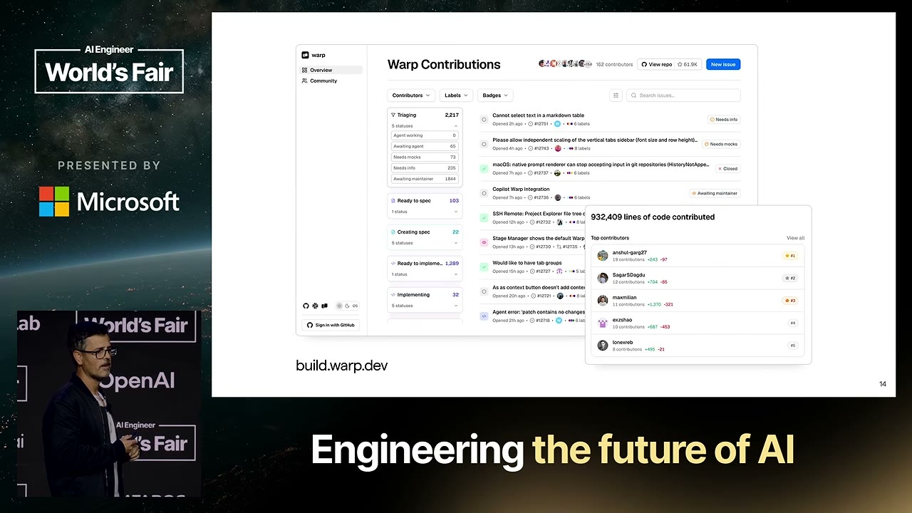 Warp Contributions: задачи сгруппированы по этапам; рядом видны статусы работы и вклад участников.